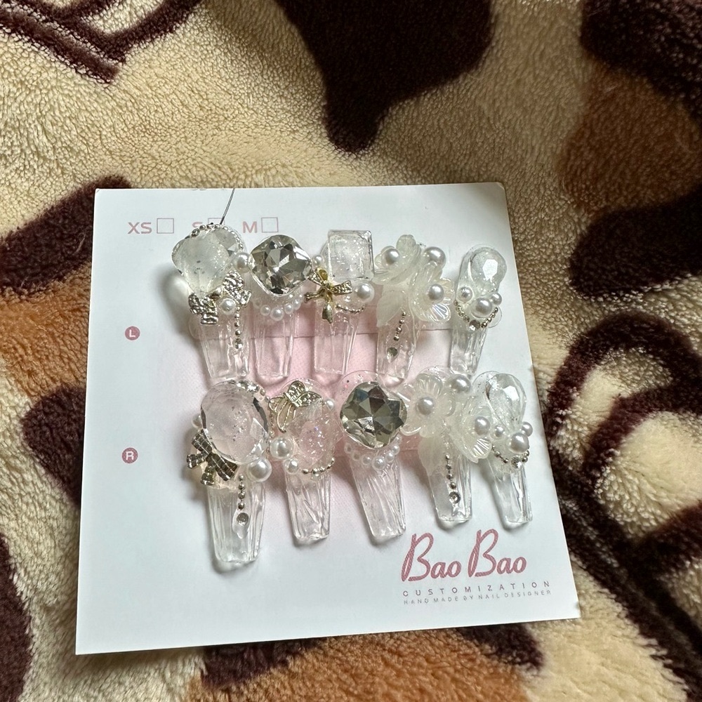 5 for $30 hand made Icy sheer press-on nails with Rhinestones